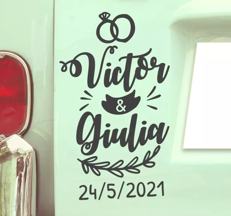 Bryllup bil ornamenter navn og dato bil klistermærke - TenStickers