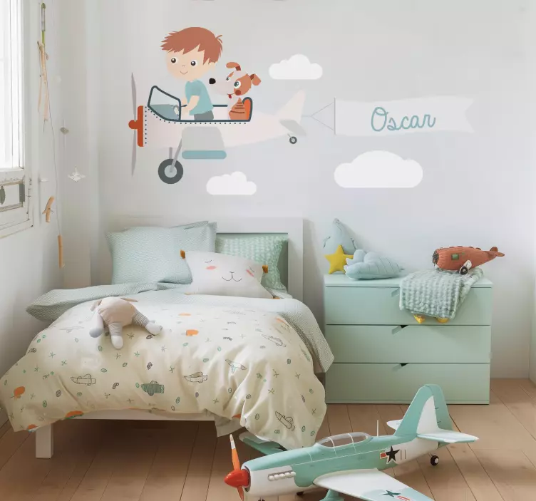 Dreng og hund på et fly illustration sticker - TenStickers