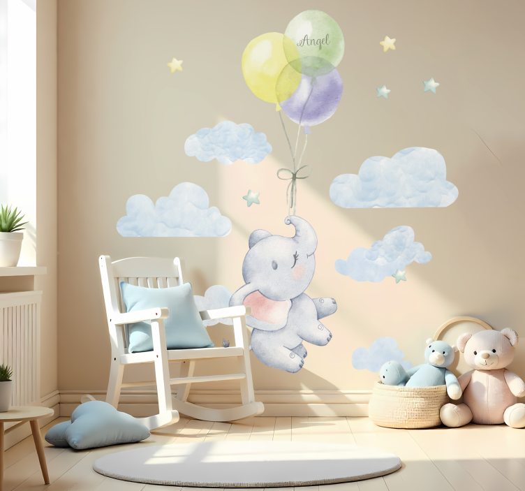 Elefant med ballon og navn wallsticker dyr - TenStickers
