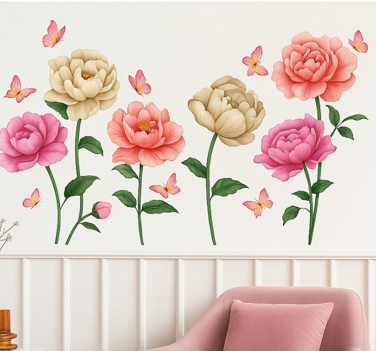 Farverige blomster og sommerfugle stue wallsticker - TenStickers