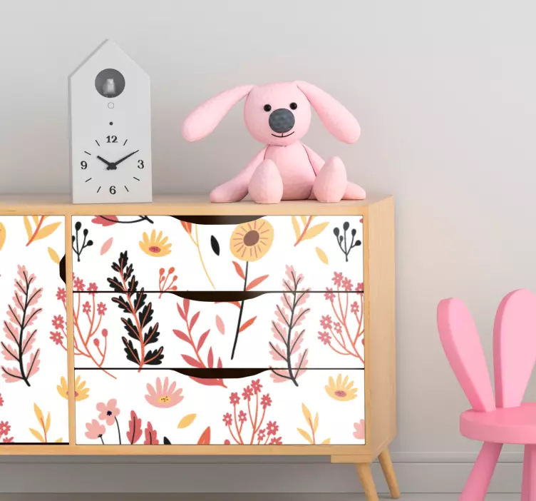 Farverige blomster over en hvid møbelmærkat - TenStickers