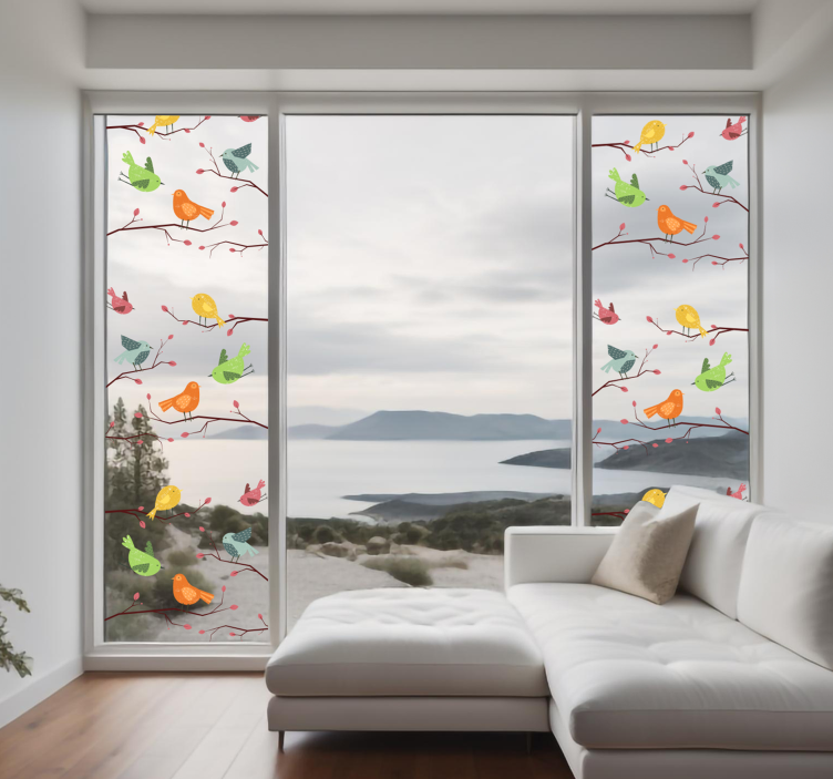 Fugle på lyserød gren vindue sticker - TenStickers