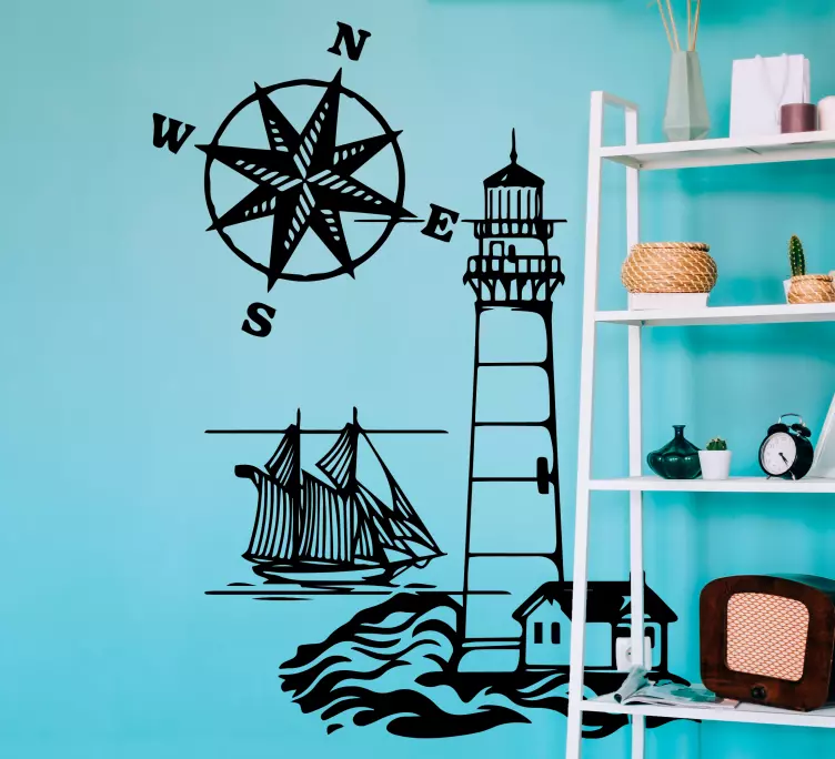 Fyr med kompas marine væg klistermærke - TenStickers