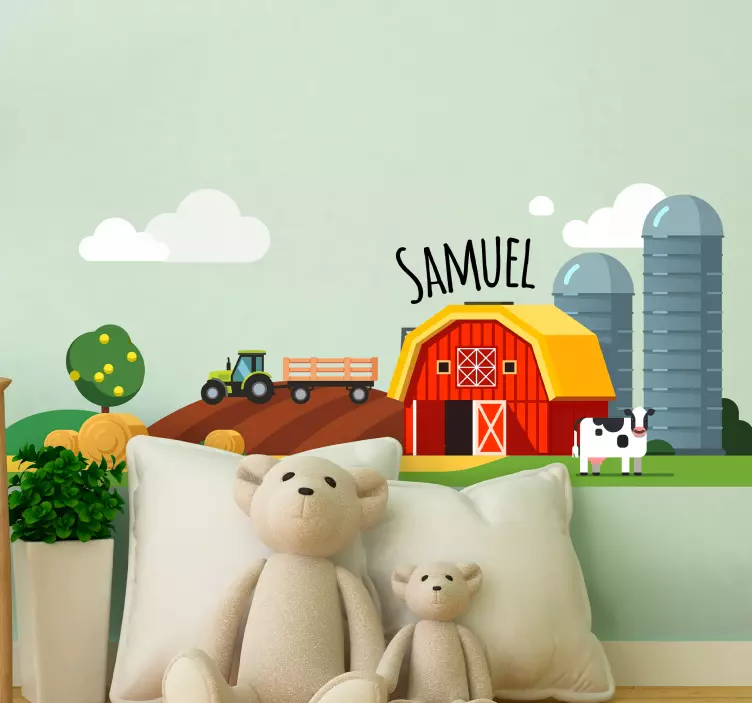 Grøn traktor på bakke med navn legetøjsskilt - TenStickers