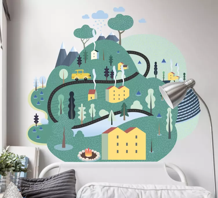 Klistermærke med grønne bjerge med huse - TenStickers