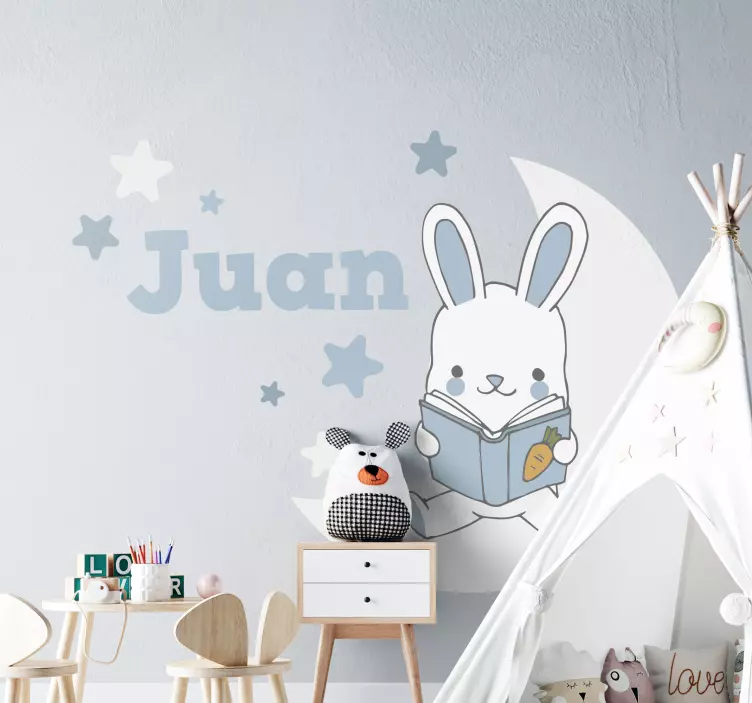 Kanin læsning på månen illustration klistermærke - TenStickers