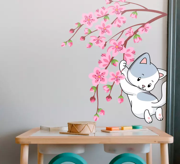 Kat hængende på foråret gren blomstermærkat - TenStickers