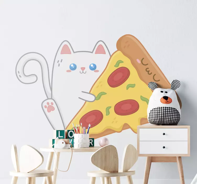 Kawaii kat med pizza illustration klistermærke - TenStickers