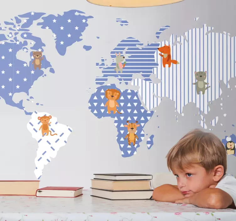 Illustreret dyrekort verdenskort klistermærke - TenStickers