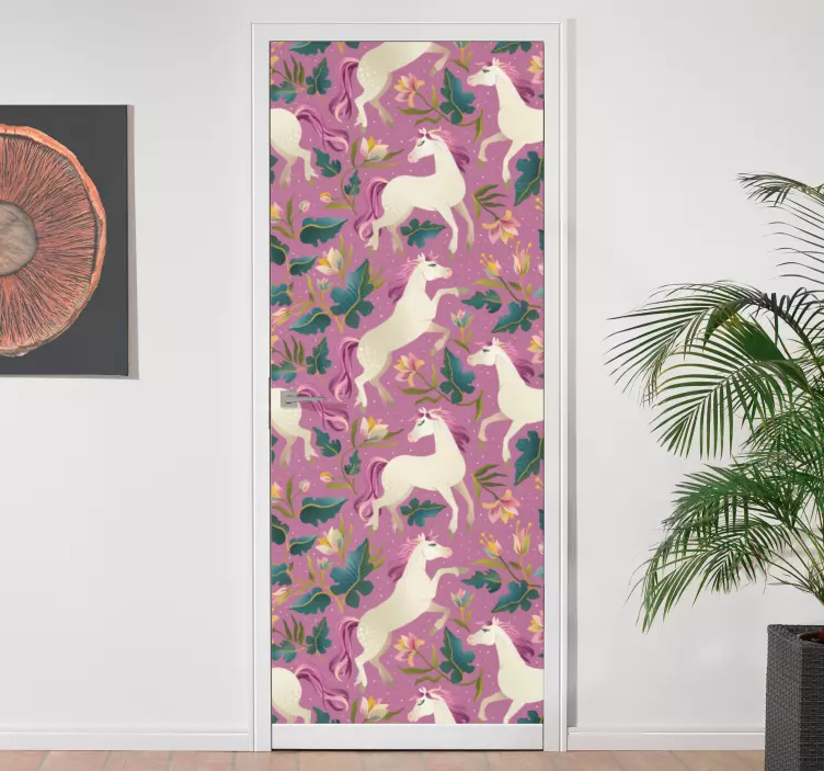 Lyserød og blomstret heste design dør klistermærker - TenStickers