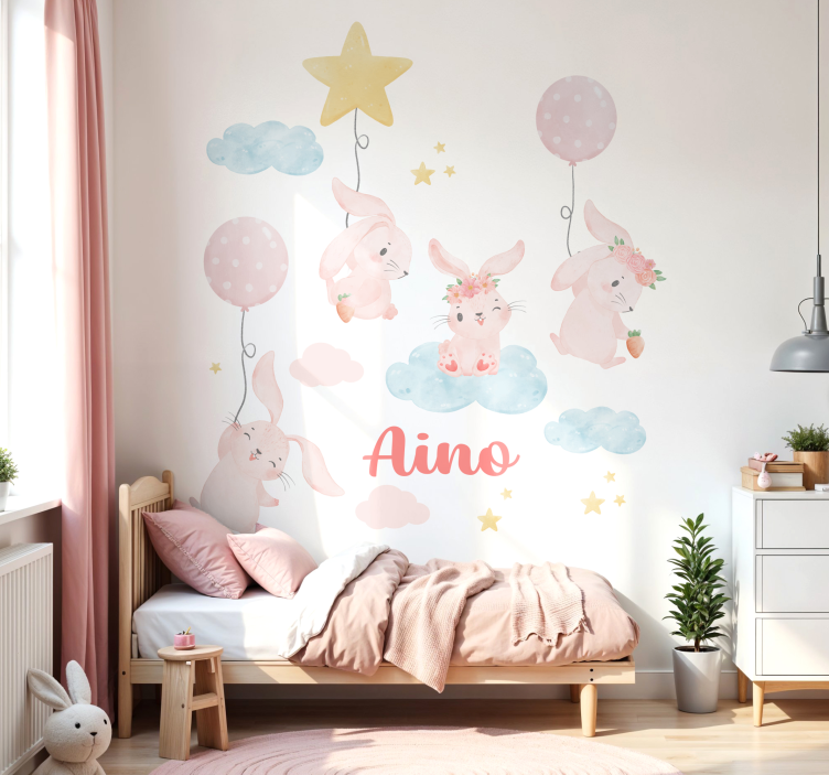 Lyserøde balloner med kaniner wallsticker - TenStickers