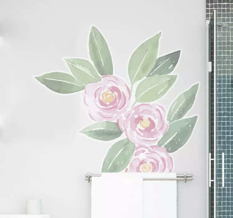 Lyserøde roser med grønne blade blomster klistermærke - TenStickers