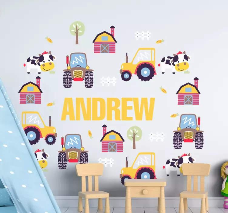 Navn omgivet af traktorer legetøjsmærkat - TenStickers