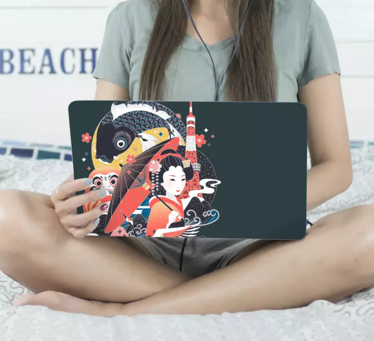 Pæne farverige geisha design laptop skin - TenStickers
