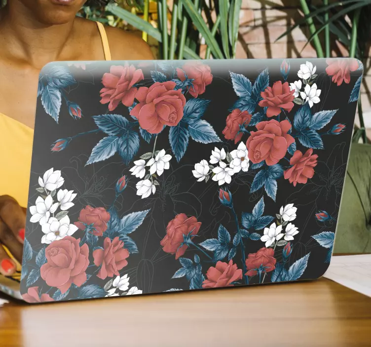 Rødt blomster mønster blomst laptop klistermærke - TenStickers