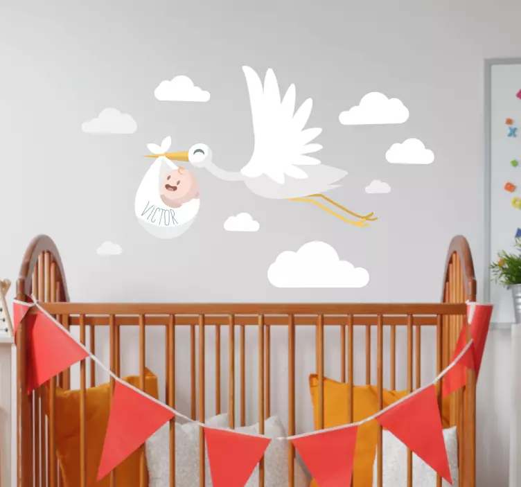 Stork med baby børnehave væg klistermærke - TenStickers