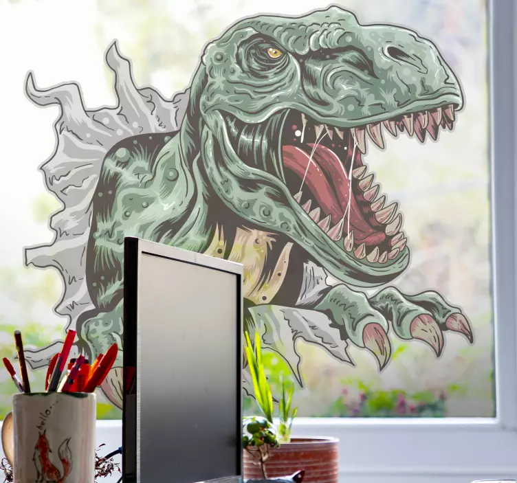 T-rex detalje, der bryder klistermærket på vinduet - TenStickers