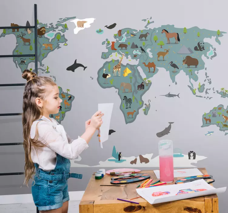 Tegneserie dyr og træer verdenskort klistermærke - TenStickers