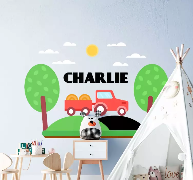 Traktor med sol og træer tilpasset legetøjsmærkat - TenStickers