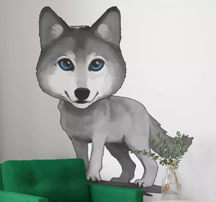 Ulv, der tegner blå øjne og stirrer på dyremærkat - TenStickers