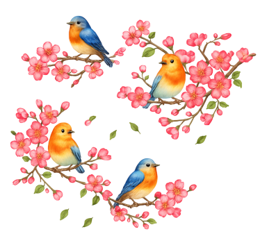 Lyserøde blomster og fugle klistermærke til vindue - TenStickers