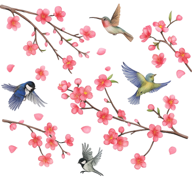 Fugle på grene med blomster vindues klistermærke - TenStickers
