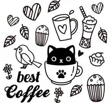 Kaffetemaer med fugle og katte madvægoverføringsbillede - TenStickers