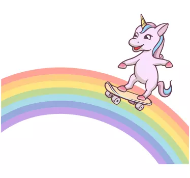 Enhjørninger, der skøjter på regnbuens vægmærkat - TenStickers