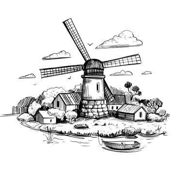 Sort og hvid landsby tegning illustration væg kunst - TenStickers
