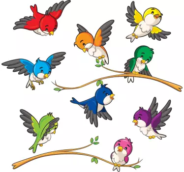 Farverige små fugle på grene og flyvende dyrs vægindretning - TenStickers