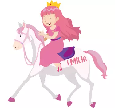 Lyserød prinsesse, der rider på en hvid hest, illustration - TenStickers