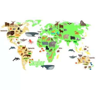 Fauna verdenskort med navn i dansk vægklistermærke - TenStickers