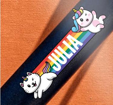 Regnbue med to enhjørninger og kattecy navne klistermærker - TenStickers