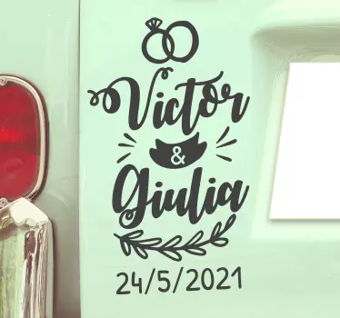 Bryllup bil ornamenter navn og dato bryllup klistermærke - TenStickers