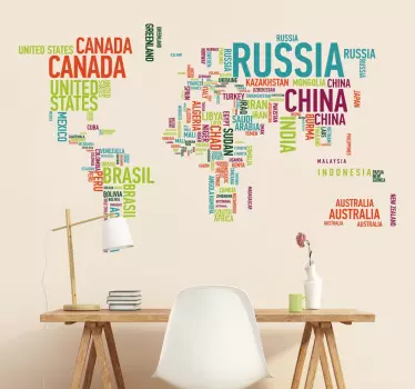 Dekorativt verdenskort wallsticker landenavne - TenStickers
