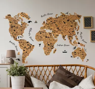 Detaljeret verdenskort Wallsticker til stuen - TenStickers