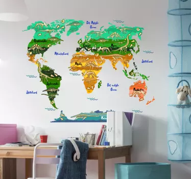 Dansk verdenskort med dinosaurus  wall sticker - TenStickers