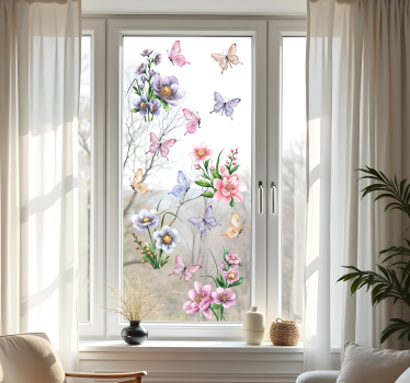 Farverige blomster og sommerfugle vindues klistermærke - TenStickers