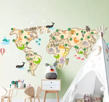 Beige og fauna-design verdenskort klistermærke - TenStickers