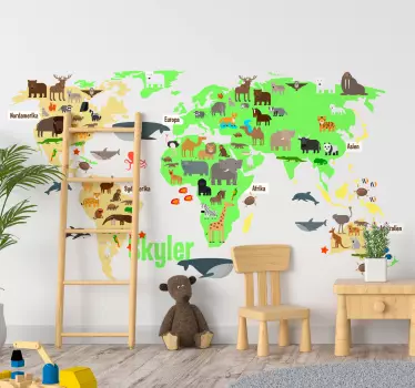 Fauna verdenskort med navn i dansk vægklistermærke - TenStickers