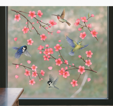 Fugle på grene med blomster vindues klistermærke - TenStickers