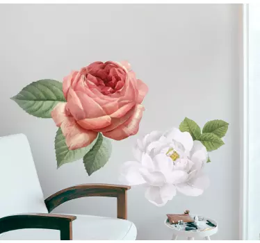 Hvide og lyserøde roser blomst væg indretning - TenStickers