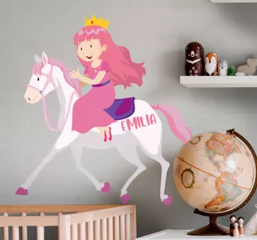 Lyserød prinsesse, der rider på en hvid hest, illustration - TenStickers