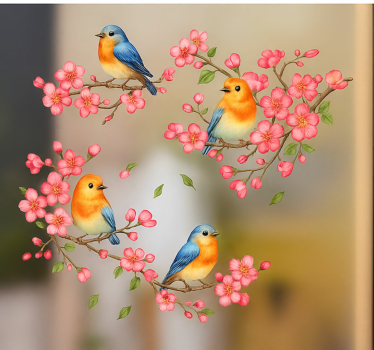 Lyserøde blomster og fugle klistermærke til vindue - TenStickers