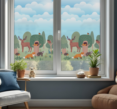 Klistermærke til vindue Skovdyr scene - TenStickers