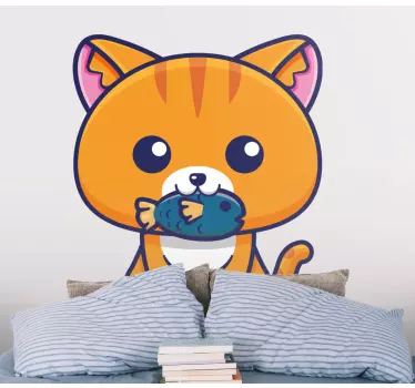 Sød kat, der spiser fisk tegneserie klistermærke - TenStickers