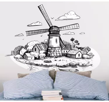 Sort og hvid landsby tegning illustration væg kunst - TenStickers