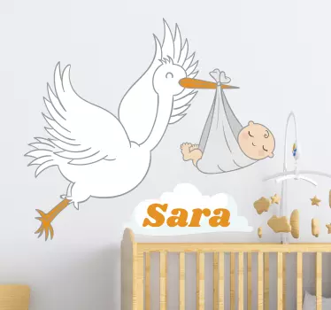 Stork med baby og navn baby mærkat - TenStickers