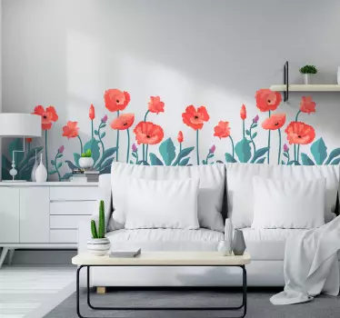 Trukket valmuer med sommerfugle blomster vægindretning - TenStickers