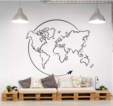 Verdenskort cirkel flyvemaskine wall stickers verdenskort - TenStickers
